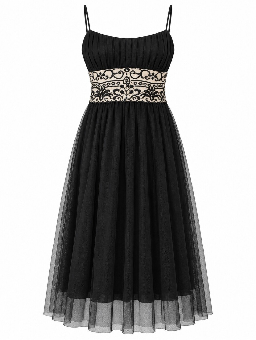 NWOT Black Chiffon Midi Dress Size 6 Embroidered Waist Cocktail Party Tess
